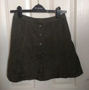 Olive green button up suede skirt